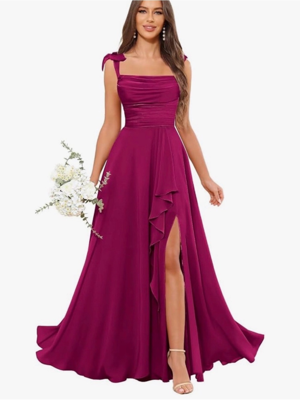 Elegant Fuchsia A-Line Maxi Dress with Shoulder Tie